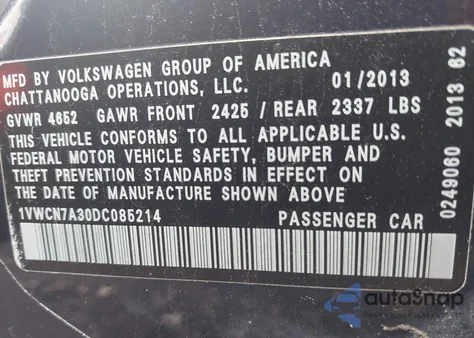 2013 Volkswagen Passat 2.0L Tdi Sel Premium из США, поврежденный, VIN 1VWCN7A30DC085214